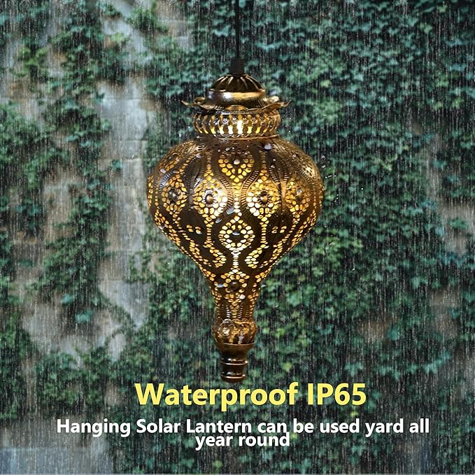 Moroccan Solar Lanterns Outdoor Waterproof Bronze Hanging Lanterns Outdoor Ramadan Garden Decor Gardening Gifts for Women Mom Grandma Solar Lights for Patio, Pathway, Yard, Porch, Backyard.