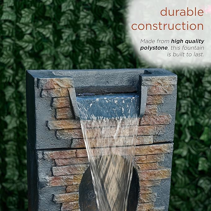 Alpine Corporation TZL398 40" Stone Wall Cascading Fountain with LED Lights, Elegant Outdoor Water Feature for Garden, Patio, Backyard & Home Decor, Relaxing Waterfall Fountain, Gray
