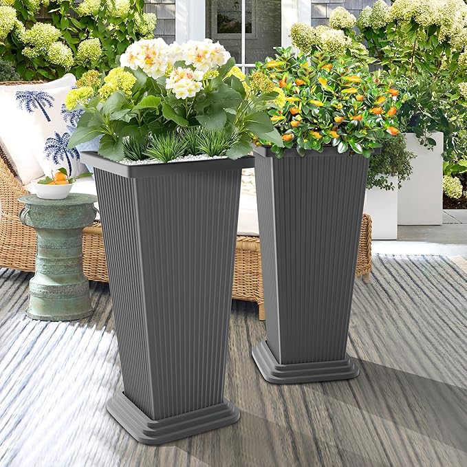 TUYOHW Set of 2 Tall Planters, 24" Large Indoor Outdoor Flower Pots with Tray, Modern Tapered Planters for Porch, Patio, Garden, Backyard
