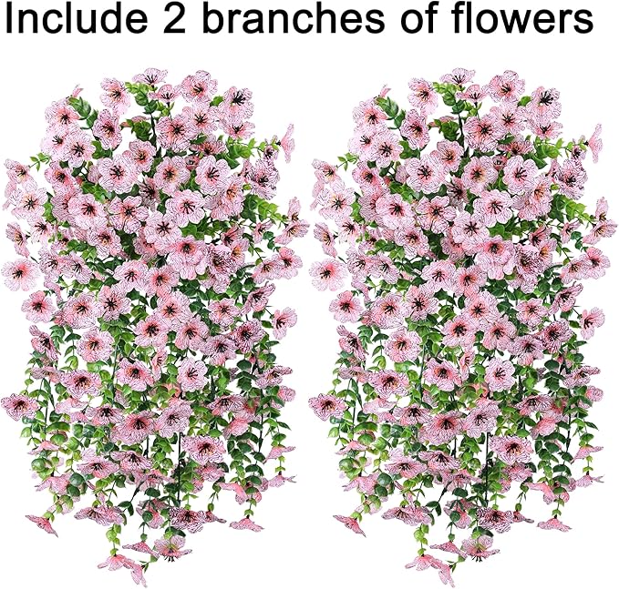 HyeFlora Artificial Flowers for Outdoors Decoration, 2Pcs Pink Fake Hanging Spring Summer Decor, Lifelike Plants, UV & Fading Resistant Flower for Porch Patio Balcony Planter Yard Home Garden