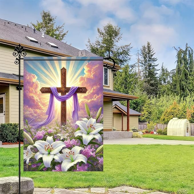 Happy Easter Garden Flag 12x18 Inch Double Sided Outside Easter He Is Risen Yard Flag Seasonal Easter Cross Yard Outdoor Decoration Religion Easter Spring Outdoor Outside Decoration