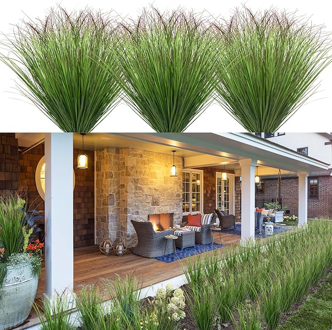 LUZOGA 100Pcs Artificial Grass Plants Faux Shrubs Wheat Grass Fake Tall Grass Plants for Outdoor Decor Greenery Stems Weed for Room Indoor Home Decor（Green Red Tail