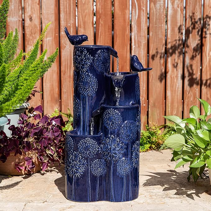 Glitzhome 27" H Outdoor Water Fountain with LED Light, Pump & Adapter, 4-Tier Cobalt Blue Dandelion Vase Ceramic Cascading Garden Fountains Waterfalls with Birds, for Porch Deck Patio Backyard
