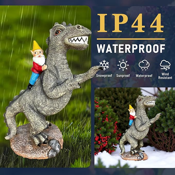 Slo y en i a Funny Garden Gnome Riding Dinosaur Statue - Resin Outdoor Decor for Yard,Patio,Lawn - Whimsical Dinosaur Sculpture Gift for Garden Lovers