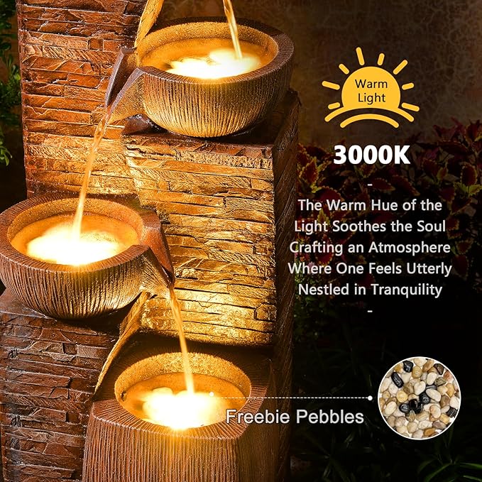 Solar Water Fountain Outdoor Garden, 38.2" Tall Stone Texture Modern Outdoor Fountain with 4 Tiers Cascading Bowls and Pump Solar Panel for Patio, Deck, Porch, Backyard Home Decor