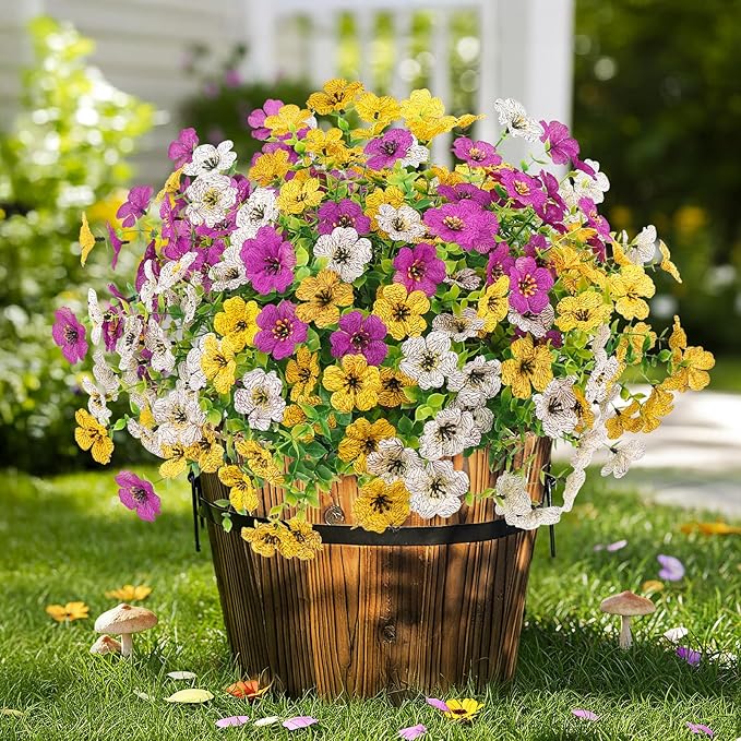 Artificial Spring Flowers Outdoors Faux Plants UV Resistant Plastic Flowers Outdoors Fake Greenery Plants Outside for Garden Porch Planters Silk Flowers Decor, 12 Bundles (Mix White Yellow Purple)