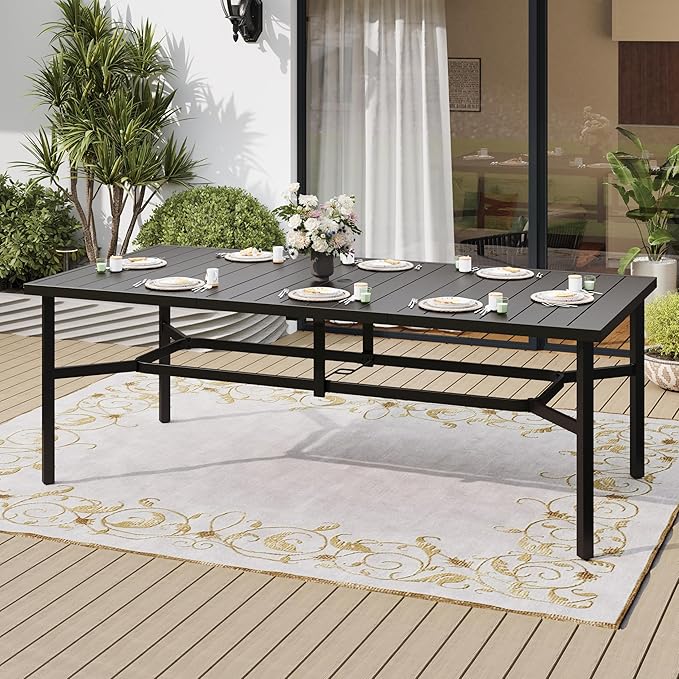 83" Patio Table for 8,Large Rectangle Patio Dining Table with Umbrella Hole,E-Coating and Powder Coating Steel Frame Metal Outdoor Patio Table for Garden Backyard Lawn Yard