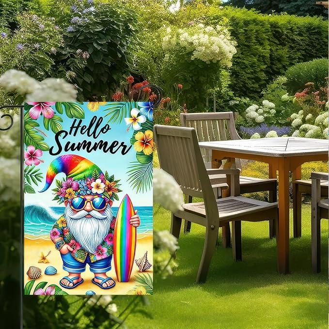 Hello Summer Garden Flag Beach Gnome Flag 12x18 Inch Double Sided Welcome Summer Holiday Yard Flag Outside Decoration Farmhouse Outdoor Small Decor