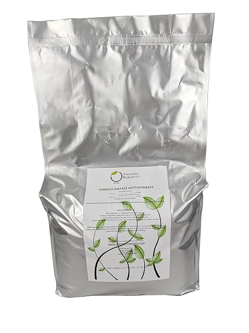 Greenway Biotech, Inc. Ferrous Sulfate Heptahydrate Fertilizer Includes 20% Iron (Fe) 12% Sulfur & 100% Water Soluble Powder- Organic Lawn Fertilizer for Vegetables and Plant Growth (25 Pounds)