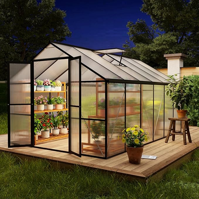 8 x 12 FT Outdoor Greenhouse, Heavy-Duty Polycarbonate Greenhouse with Aluminum Frame, Lockable Door, Adjustable Roof Vent, Walk-in Green House for Backyard, Garden, Patio
