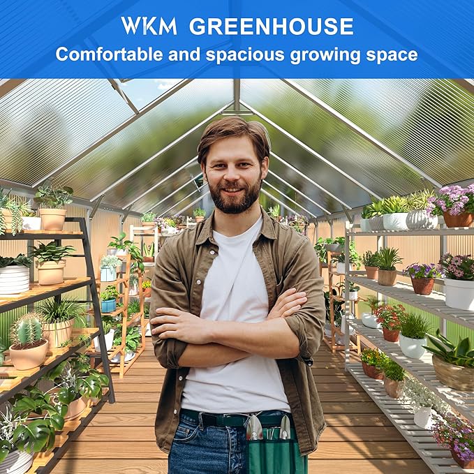 WKM Greenhouse for Outdoors - 8x14 FT, Quick-fit Structure with Window for Ventilation, Polycarbonate Aluminum Frame, Silver