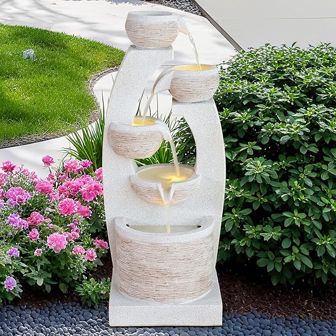 Qingyinge 33'' H Modern Outdoor Fountain Resin Outdoor Garden Fountains with Contemporary Design LED Light for Garden, Patio, Deck, Porch, Backyard and Home Art Decor