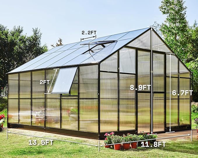 AMERLIFE 12×13.5×9 FT Walk-in Backyard Garden Greenhouse, Polycarbonate Panels, Aluminum Frame, Quick Connect Assembly, 6.7 FT Bronze Double Doors & 4 Vents, Black