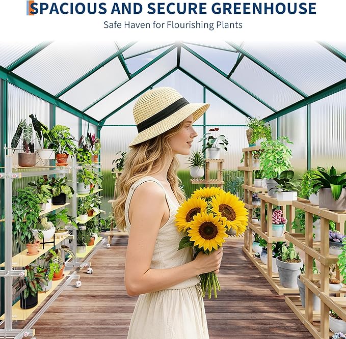 GAOMON 6 x 8 FT Polycarbonate Greenhouse - Winter Greenhouses for Outdoors, Aluminum Frame, Sliding Door, Adjustable Roof Vent, Backyard Green Houses, Green