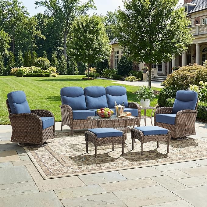Luxury Patio Furniture Set with 6-inch Thick Cushions, Outdoor Furniture Set with High Back Swivel Chairs, 7 PCS Wicker Outdoor Conversation Set for Porch, Patio, Yard, Deck, Poolside, Brown/Blue