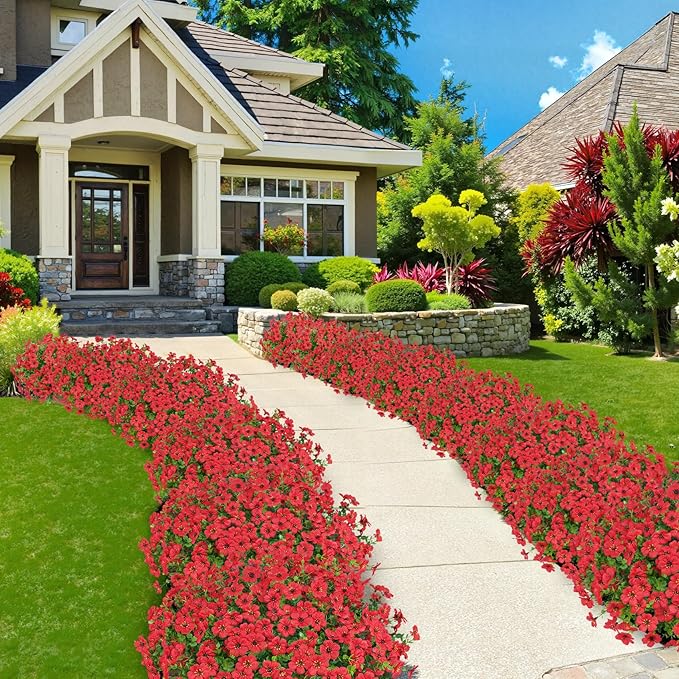 Besteek 20 Bundles Artificial Flowers for Outdoors Decoration Fake Silk Flowers UV Resistant Faux Plants Artificial Daisy Eucalyptus for Spring Summer Garden Yard Porch Window Home Decor, Red