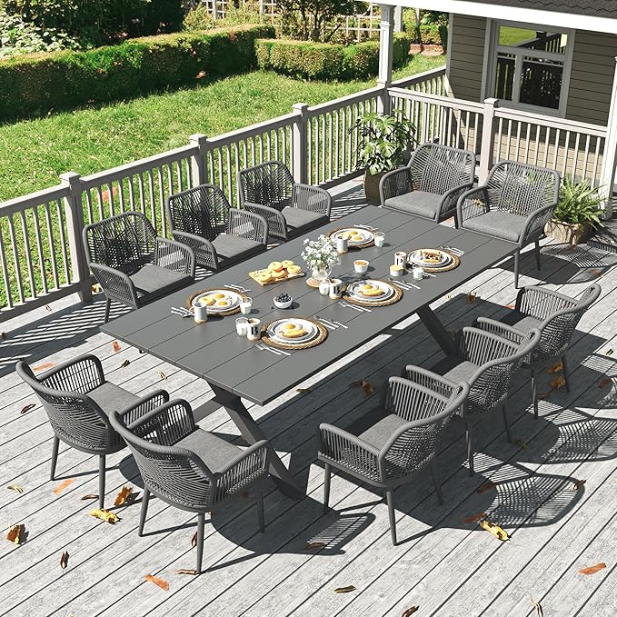 LayinSun Outdoor Dining Set for 10, 11 Pieces Patio Furniture Sets with Aluminum Dining Table and Rope Weave Chairs