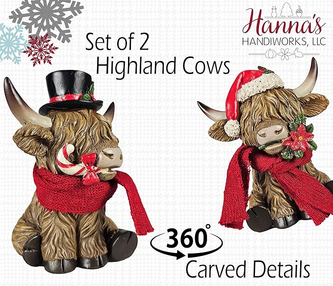 Holiday Scottish Highland Cows - Set of 2 | Resin Home Decor with Christmas Santa Hat Accents | Seasonal Xmas Decor for Centerpiece, Mantel, Kitchen, Dining Room, and More | 5 ¼ inches tall