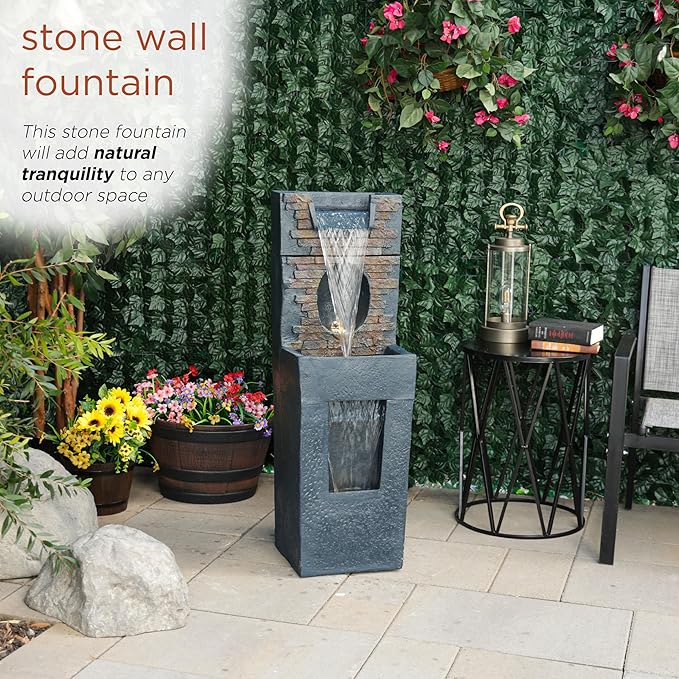 Alpine Corporation TZL398 40" Stone Wall Cascading Fountain with LED Lights, Elegant Outdoor Water Feature for Garden, Patio, Backyard & Home Decor, Relaxing Waterfall Fountain, Gray