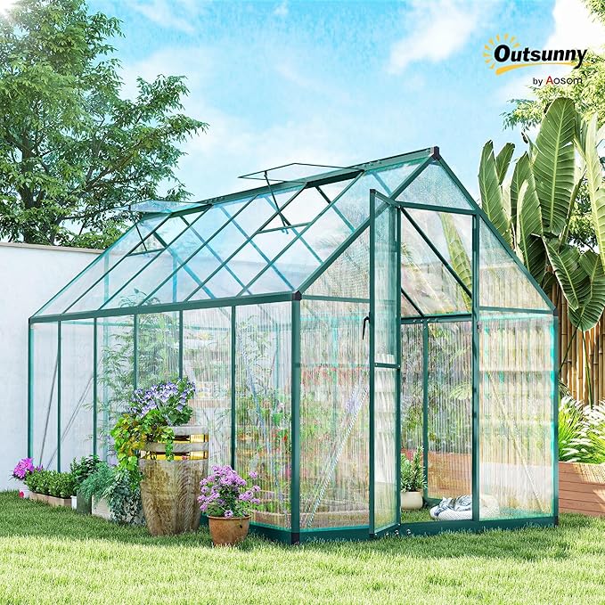 Outsunny 11x6 ft Polycarbonate Greenhouse with Swing Door and Two Adjustable Roof Vents, Aluminum Walk-in Greenhouse Outdoor Greenhouse for Patio Garden Backyard, Dark Green