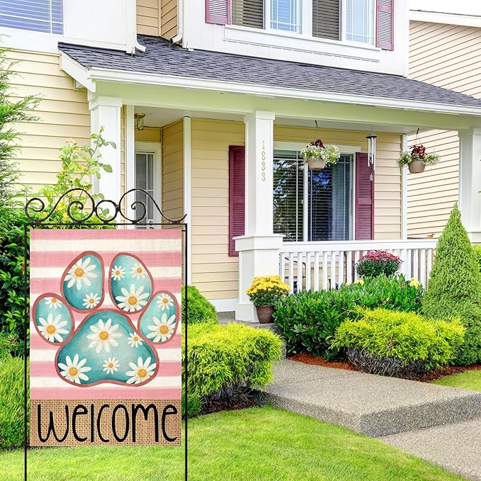 Welcome Spring House Flags for Outdoor Decoration, Dog Paw with Daisy Flowers Stripes Large Yard Flag, Decorative Summer Celebration Decor for Seasonal Farmhouse Holiday Outside 28x40 Inch
