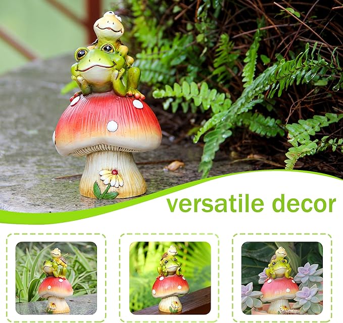 Leekung Turtle Riding Frog Sitting On Mushroom for Garden Decor, Frog Statue&Mushroom Figurines for Outdoor Garden Backyard Yard Porch Patio Lawn, Spring Decorations Gardening Gifts for Women Unique