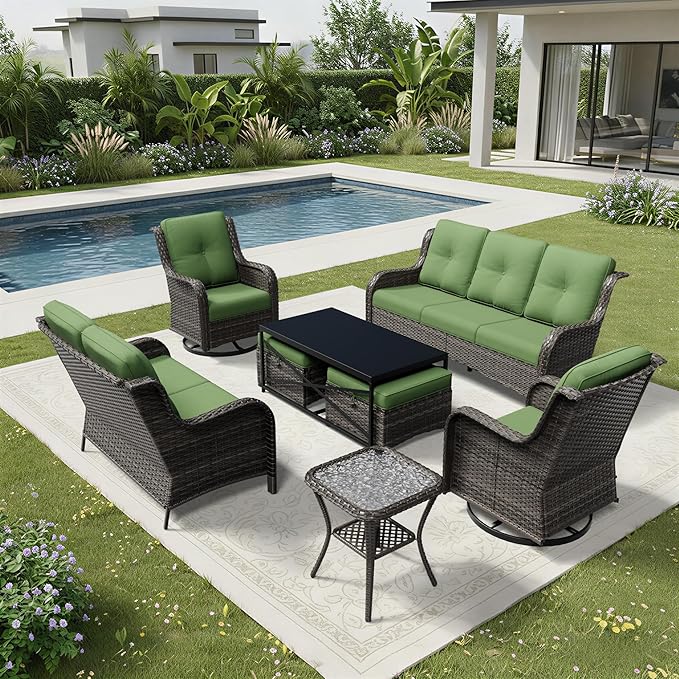 Joyside 8 Piece Wicker Patio Furniture Set, Outdoor Swivel Rocker Patio Chairs with High Back, Deep Seating, Wide Armrest, Thickened Cushions, Outdoor Furniture for Deck, Porch Use