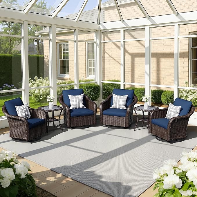 4 PCS Outdoor Conversation Set | 4 Swivel Chairs, 2 Side Tables, Patio Wicker Conversation Furniture with Removable Cushions for Bistro, Deck, Sunroom (Navy Blue)