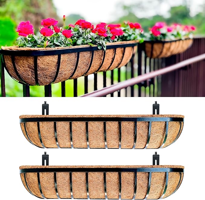 LaLaGreen Railing Planters Box (36", 2 Pack) Black Metal Rectangular Window Flower Box with Coco Liner, Extra Large Wall Hanging Planter for Outdoor Plants Deck Rail Fence Bracket Balcony Porch Garden