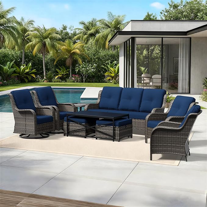 Joyside 9 Piece Wicker Patio Furniture Set, Outdoor Swivel Rocker Patio Chairs with High Back, Deep Seating, Wide Armrest, Thickened Cushions, Outdoor Furniture for Deck, Porch Use