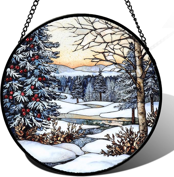 DASTOLL Stained Glass Window Hanging, Winter Snow Landscape Suncatcher Diamond Glass Panel Sun Catchers Decor for Birthday for Women, Men, Wife, Aunt, and Mom 11.8 in