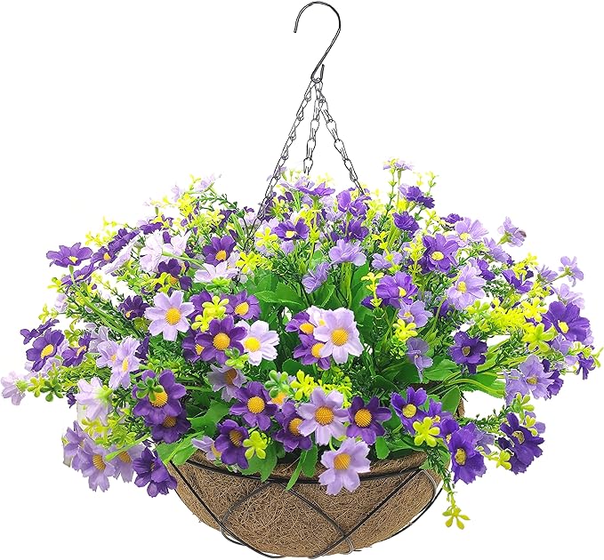 Lamsze Artificial Hanging Flowers with Basket,Fake Daisy Flowers in 12 inch Coconut Lining Hanging Baskets for The Decoration of Courtyard, Indoors, and Outdoors(Purple)
