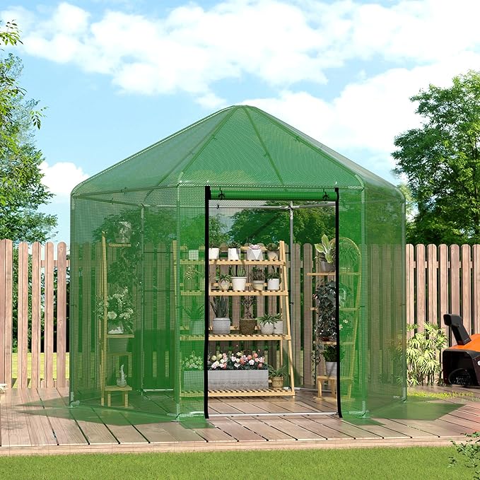 MU 9.4x9.4x8.2 FT Greenhouses for Outdoors, Heavy-Duty Green House for Outside, Walk in Winter Greenhouse with 180g Double Layer PE Cover, Ground Stakes, Great for Garden/Patio/Backyard