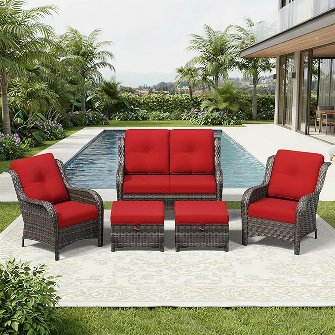 Joyside 5 Piece Wicker Patio Furniture Set, Rattan Patio Chairs with High Back, Deep Seating, Wide Armrest, Thickened Cushions, Outdoor Furniture for Deck, Porch Use