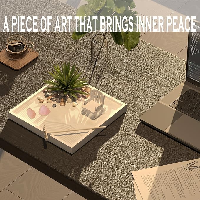 Cularve Zen Garden for Desk – White Modern Style with Healing Crystals and Sand Rake, Perfect for Home, Office, and Desktop Decor, Meditation and Stress Relief
