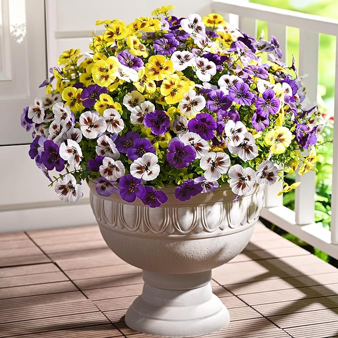 Waipfaru 20 Bundles Artificial Pansy Flowers for Outdoor, UV Resistant Faux Silk Flowers for Outdoor Planters Front Door Porch Yard Patio Window Box Home Decor (Purple, Yellow, White)