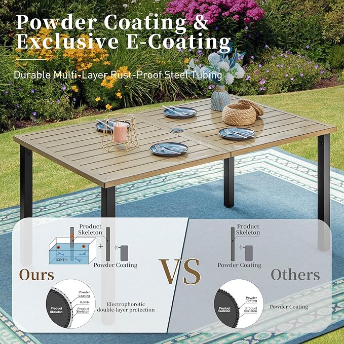 60" Patio Dining Table for 6,Teak Color Rectangle Patio Table with Umbrella Hole,E-Coating and Powder Coating Steel Frame Metal Outdoor Patio Table for Garden Backyard Lawn Yard