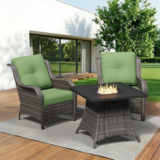 3 Pieces Outdoor Wicker Patio Furniture Set with Fire Pit Table, Patio Chair Set with Thickened Olefin Cushions, High Back and Deep Seating, Hand-Woven PE Rattan for Porch, Deck
