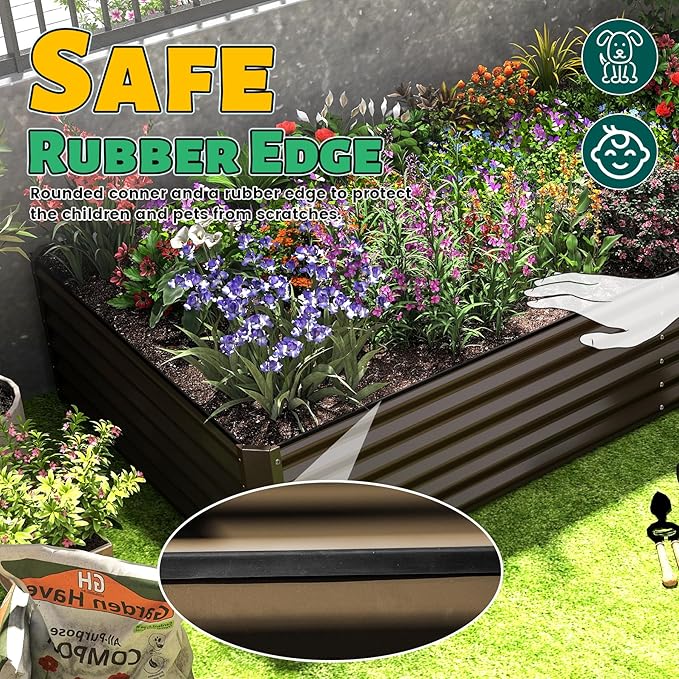 Domi 6×3×1.5 ft Galvanized Raised Garden Bed, Outdoor Planter Garden Boxes Large Metal Planter Box for Gardening Vegetables Fruits Flowers, Brown