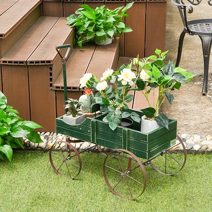 Giantex Small Wagon Planters for Outdoor Plants, Decorative Garden Bed with Metal Wheels, Wood Raised Beds Plant Pot Stand for Backyard Garden Patio 24.5"x13.5"x24" (Green)