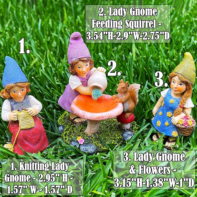 Mood Lab Miniature Garden Gnomes - Lady Gnomes Kit of 3 pcs - Figurines & Accessories Set - Outdoor or House Decor