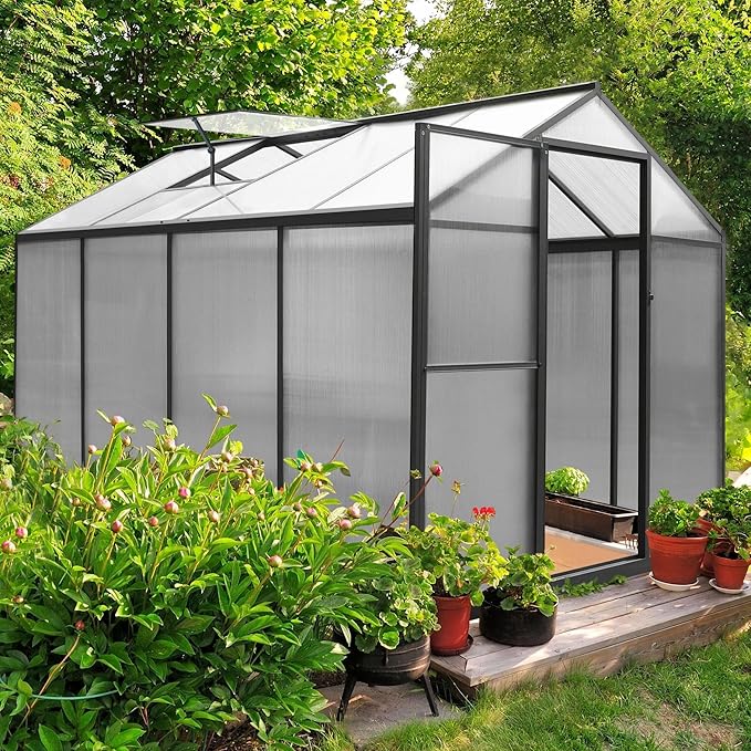 6x8 FT Greenhouse Kit for Outdoor, Polycarbonate Aluminum Walk-in Green House with Lockable Door and Adjustable Roof Vent, Backyard Garden in Winter, Gray