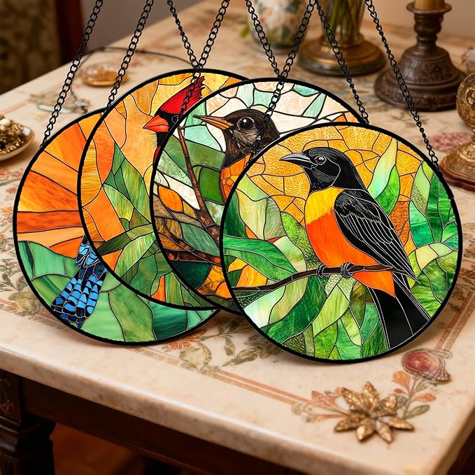DASTOLL Stained Glass Window Hanging 4 Pcs Set Birds 7.8" - Cardinal Blue Jay Suncatcher Door Garden Sun Catcher Decor Birthday Christmas for Bird Lovers Mom Woman Nana Men