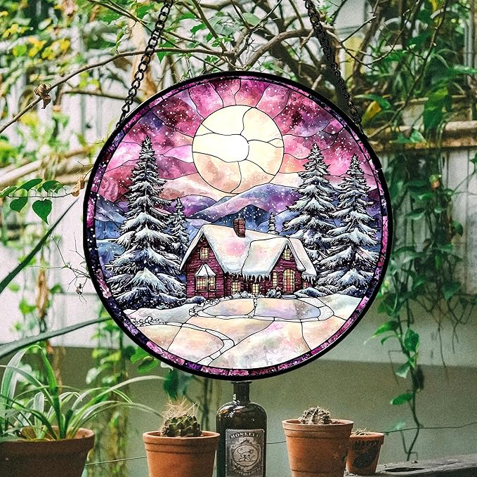 AMDERVEN Stained Glass Window Hanging - Winter Snow Scene Cabin Moon Sun Catcher for Door Garden Home Decor Pine Tree Suncatcher Christmas Mother's Day Birthday Gifts for Women Men Mom Nana 11.8 in