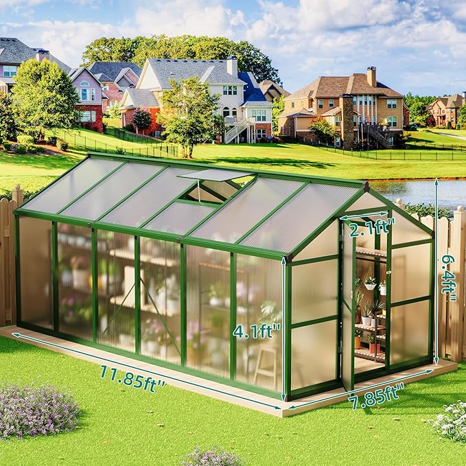 8x12 ft Greenhouse, Aluminum Frame & Polycarbonate Panel Greenhouse for Outdoors, Green House with Adjustable Roof Vent & Lockable Door, Durable Walk-in Green Houses for Backyard, Patio, Lawn