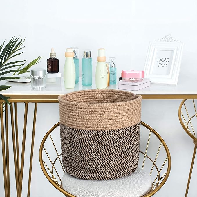 MINTWOOD Design 11 x 11 Inches Cotton Rope Basket for Flower Pot and Indoor Floor Planters, Decorative Round Woven Plant Pot Basket, Planter Covers, Small Dog Toy Storage Baskets, Black