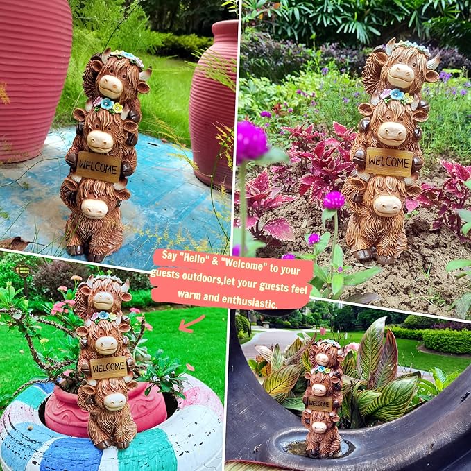12 Inch Highland Cow Statue Solar Outdoor Decor for Yard Patio Front Door, Farmhouse Porch Decoration Animal Cattle with Led Welcome Sign Flowers Light, Home Ornaments for Outside, Mom's Gifts