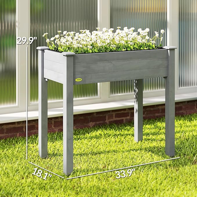 Outsunny Raised Garden Bed with Legs, 34" x 18" x 30", Elevated Wooden Planter Box, Self-Draining with Bed Liner for Vegetables, Herbs, and Flowers Backyard, Patio, Balcony Use, Dark Gray