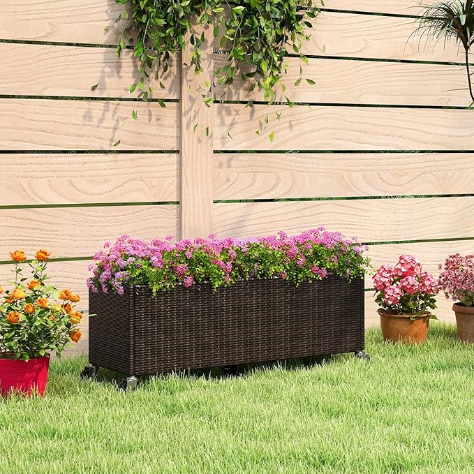 HAPPYGRILL Raised Garden Bed, All-Weather PE Rattan Elevated Planter Box w/Lockable Wheels, Liner for Growing Vegetables Flowers Herbs, Indoor Outdoor Wicker Rolling Gardening Box for Yard Patio (1)