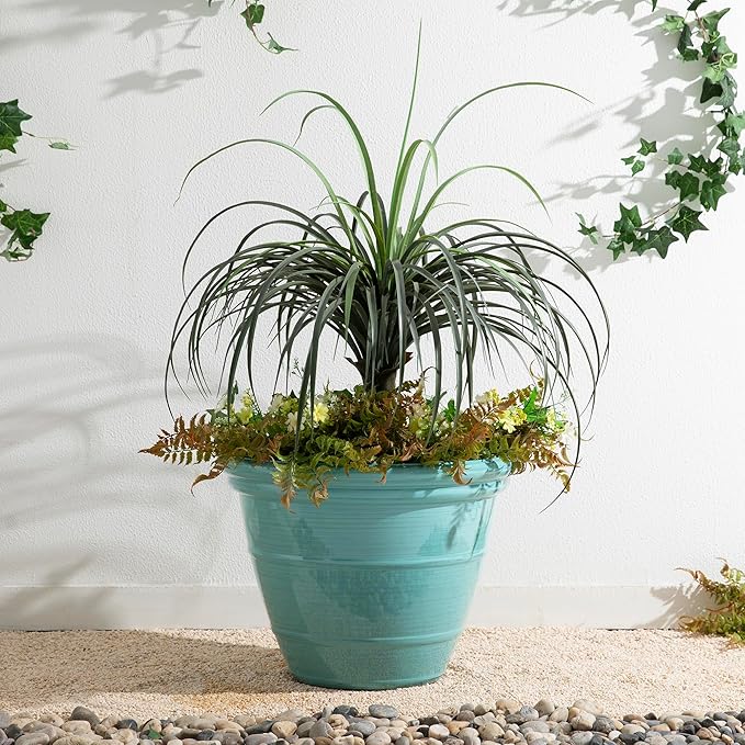 Glitzhome 19.5"D Tall Planters, Large Flower Pots with Turquoise Faux Ceramic Finish, Plastic Tall Planters for Outdoor Plants with Drainage Holes,Round Plant Pots for Front Porch Patio Deck, Set of 2
